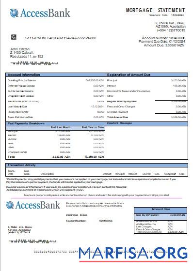Downloadable Azerbaijan Access Bank mortgage statement scr example